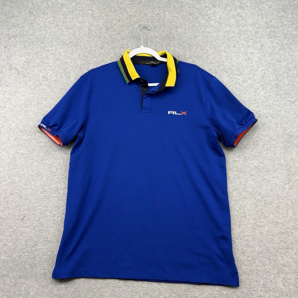 RLX Ralph Lauren Mens L Blue Polo Details Collar Trim Pattern Logo Performance L